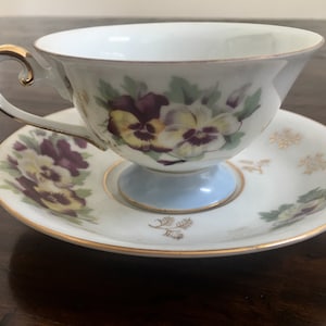 Vintage Porcelain - Footed Tea Cup and Saucer 1960 Pansies