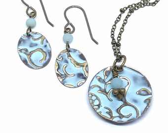 Hand painted necklace and earring set, Blue jewelry, Blue Amazonite jewelry, anniversary gift, unique jewelry