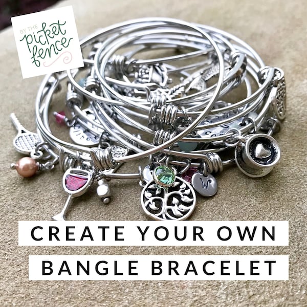 Create Your Own Adjustable Bangle Bracelet, Charm Bracelet, Custom Bangle Bracelet, Stainless Steel Bracelet, Customized Jewelry