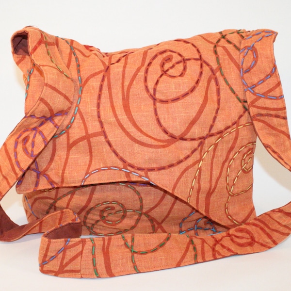 Orange tote bag embroidered spiral patterns - Orange crossbody bag - Bohemian bag