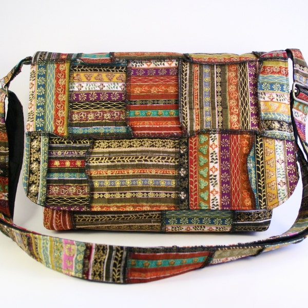 Patchwork messenger bag,  Bohemian crossbody bag, Asian pattern bag