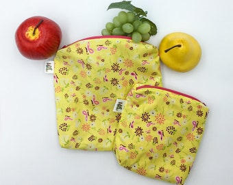 Yellow bag, washable butterfly and flower small bag, Washable pouch, Zero waste