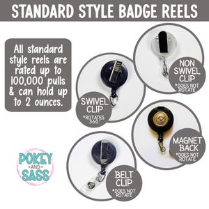 May include: An image showcasing various standard-style badge reels. The image highlights different clip types: swivel, non-swivel, belt clip, and magnet back. Text indicates reels are rated up to 100,000 pulls and can hold up to 2 ounces.