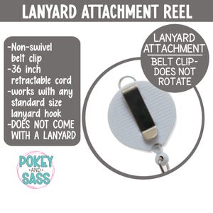 May include: A white lanyard attachment reel with a non-swivel belt clip and a 36-inch retractable cord. The reel works with any standard size lanyard hook. Text on the image reads "LANYARD ATTACHMENT REEL" and "DOES NOT COME WITH A LANYARD."