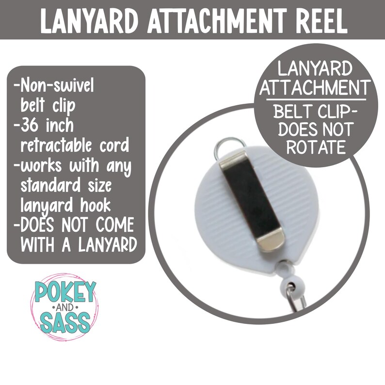 May include: A white lanyard attachment reel with a non-swivel belt clip and a 36-inch retractable cord. The reel works with any standard size lanyard hook. Text on the image reads "LANYARD ATTACHMENT REEL" and "DOES NOT COME WITH A LANYARD."