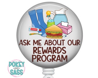 Funny Badge Reel, Ask Me About Our Rewards Program, Retractable ID Holder, Heavy Duty Badge Reel, Lanyard, Carabiner, Stethoscope ID Tag