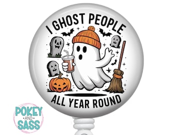Funny Halloween Badge Reel, I Ghost People Year Round, Retractable ID Badge Holder, Heavy Duty Badge Reel, Lanyard, Carabiner, Stethoscope