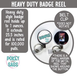 May include: Heavy-duty badge reel with a belt clip. The reel extends 25.5 inches and holds up to 7 ounces. The badge reel has the text "SAMPLE" and the brand name "POKEY AND SASS".