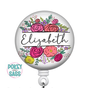 Personalized Name Badge Reel, Floral Badge, Retractable Badge Holder, Premium Badge Clip, Heavy Duty, Lanyard, Carabiner, Stethoscope Tag