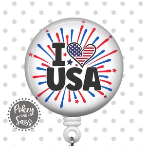 I Love USA Badge Reel, Fourth of July Badge Reel, Patriotic Badge Holder, 4th of July, Patriotic Lanyard, Patriotic Carabiner