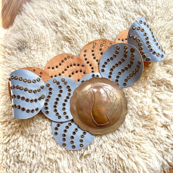Vintage 70s Leather Medallion Grommet Cinch Belt