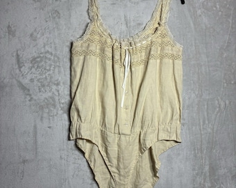 Vintage DKNY Jeans Linen Lace Trim Bodysuit Beige Size 14