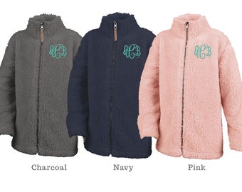 Con monogramma Charles River gioventù Sherpa Full Zip Jacket, gioventù giacca, giacca Navy Sherpa, Sherpa grigio giacca, Navy Jacket, giacca grigio