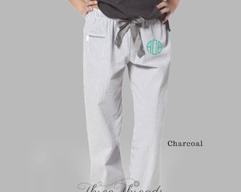 Seersucker-pyjamabroek met monogram, XS alleen lichtroze, damespyjamabroek, cadeau bruidsmeisje