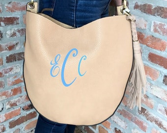 Monogrammed/Personalized Vegan Leather Crossbody Tote Bag/Purse, Light Tan Crossbody, Monogrammed Purse