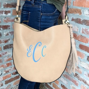 Monogrammed/Personalized Vegan Leather Crossbody Tote Bag/Purse, Light Tan Crossbody, Monogrammed Purse