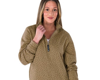 Monogramme Charles River Gold Leopard Print Quarter Zip Sweatshirt/Pullover, Sweat-shirt pour femmes, Quarter Zip