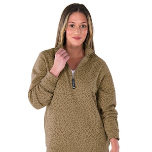 May include: A brown and tan leopard print quarter-zip pullover sweatshirt with a zipper and a small logo on the zipper pull.