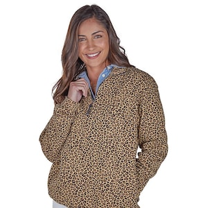 May include: A brown and black leopard print pullover with a quarter zip closure. The pullover has long sleeves and a relaxed fit.