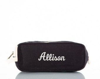 May include: Black canvas zippered pouch with the name "Allison" embroidered in white on the front.
