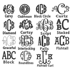Op de afbeelding: Een grafiek met 12 verschillende monogram-stijlen, waaronder Curvy, Clubhouse, Block Circle, Curlz, Diamond, Curtsy, Script, Stacked, Graceful, Interlocking, Falls, Fishtail, Block, Roundlines en Fishtail Curl.