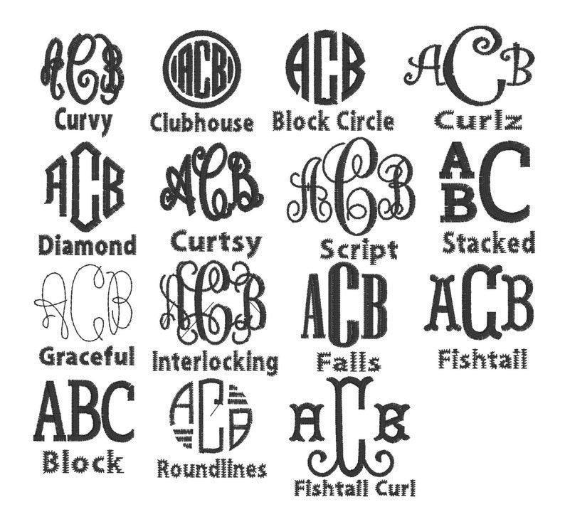 Op de afbeelding: Een grafiek met 12 verschillende monogram-stijlen, waaronder Curvy, Clubhouse, Block Circle, Curlz, Diamond, Curtsy, Script, Stacked, Graceful, Interlocking, Falls, Fishtail, Block, Roundlines en Fishtail Curl.