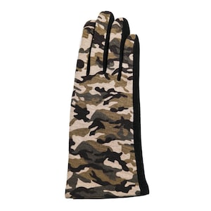 May include: Camouflage print gloves with black trim. The gloves are made of a soft, warm fabric.