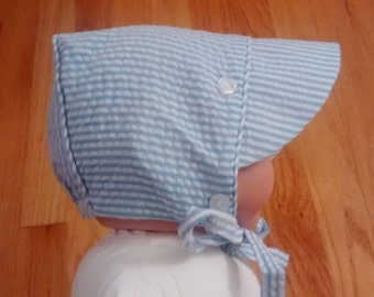 Monogrammed Blue Seersucker Baby Boy Bonnet, Baby Shower Gift, Blue Seersucker Bonnet, Summer Bonnet, Boys Bonnet