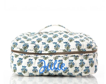 Monogrammed Cotton Quilted Make-up Bag, Jewelry Bag, Train Case, Zippered Make-up Bag, Bridesmaids Gift, Women's Gift