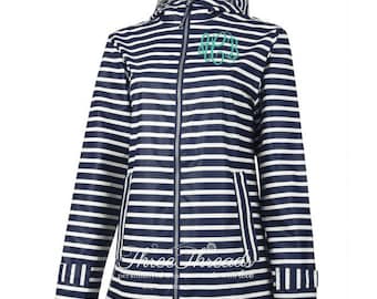 Monogrammed Charles River Striped Rain Jacket, Women's Jacket, Rain Jacket - Monogrammed Left Chest, Navy Stripe, Aqua Stripe