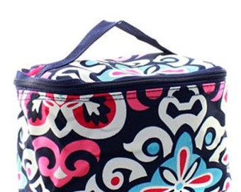 May include: A blue and white patterned insulated lunch bag with a zipper closure and a top handle.