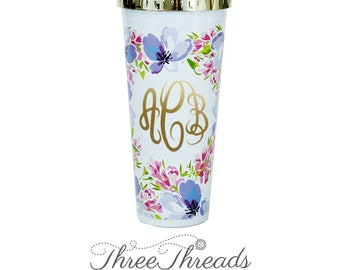 Monogrammed/Personalized Purple Straw Insulated Tumbler/Cup, Vintage Floral Cup, Floral Cup, Gold Tumbler, Bridesmaid cups