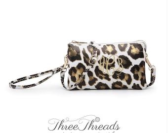 モノグラム/パーソナライズされたヒョウ柄リストレット、クラッチ、クロスボディバッグ、女性用ギフト、ヒョウ柄クロスボディ、クリスマスギフト