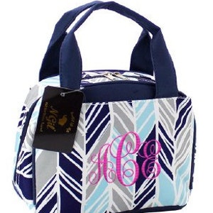 Monogrammed/Personalized Grey and Blue Chic Lunch Tote/Bag, Kids Gift, Womens Gift, Work Lunchbag, Kids Lunchbag
