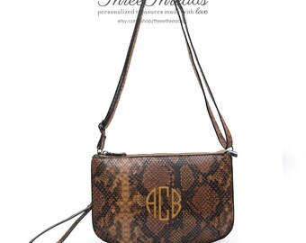 Monogrammed/Personalized Python Brown Wristlet, Clutch, Crossbody Purse, Women's Gift, Snake skin Crossbody