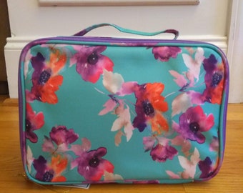 Monogramm personalisierte/Petrol und lila Blumen Mittagessen Einkaufstasche, Schule Lunchbag Mädchen Lunchbag