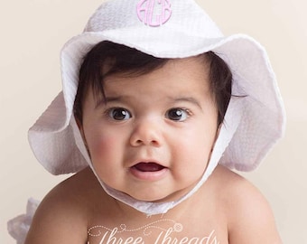 Monogrammed Baby Sunhat, White Seersucker Bucket Hat