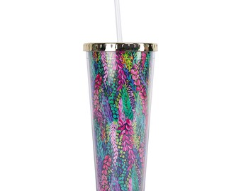 Monogrammed/Personalized Straw Insulated Tumbler/Cup, Floral Cup, Gold Tumbler, Bridesmaid cups