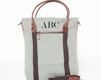 Monogrammed Gray Jute Canvas Travel Tote, Beach Bag, Teacher Bag, Women's Gift, Overnight Bag, Flight Bag