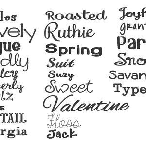 Op de afbeelding: Een lijst met namen geschreven in verschillende lettertypen en stijlen. De namen omvatten: Giggles, Lovely, league, Kindly, Bailey, Beverly, Curlz, Elias, FISH TAIL, Georgia, Roasted, Ruthie, Spring, Suit, Suzy, Sweet, Valentine, Floss, Jack, Joyful, grantland, Parker, Snowy, Savannah, Type.