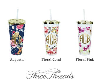 Monogrammed/Personalized Straw Insulated Tumbler/Cup, Vintage Floral Cup, Floral Cup, Gold Tumbler, Bridesmaid cups
