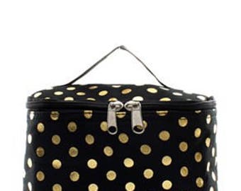 Monogrammed /Personalizzato nero con borsa cosmetica Gold Polka Dots, regalo di damigelle d'onore, regalo per le donne