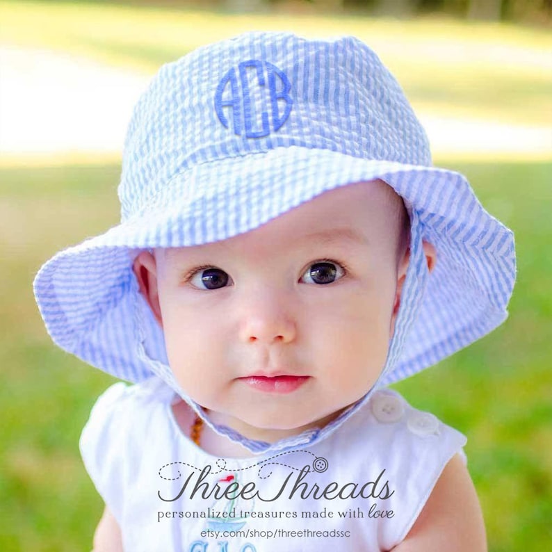 Monogrammed Blue Seersucker Boys Sunhat