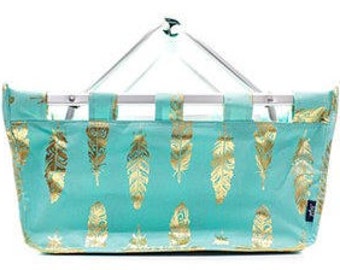 Monogrammed/Personalized Mint, Gold Feather Market Tote, Market Basket, Women's Gift