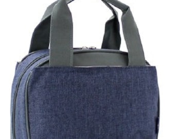 May include: A blue and gray insulated lunch bag with a zipper closure and a top handle.