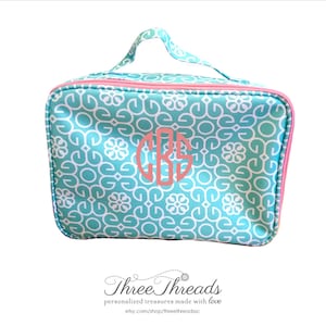 Geometrische Teal monogram/gepersonaliseerd en roze Lunch Tote/tas, School Lunchbag, meisjes Lunchbag