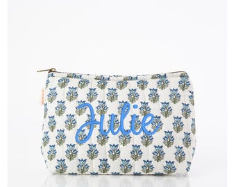 Borsa per il trucco trapuntata in cotone con monogramma, borsa per il trucco con cerniera, regalo per damigelle d'onore, regalo per donna