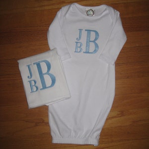 Monogrammed Baby Boy Gown and Burp Cloth Set