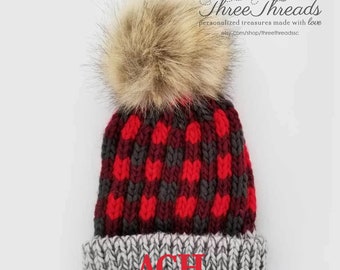 Monogrammed Buffalo Check Size 2-6 years Pom Pom Knitted Hat, Monogrammed Beanie, Christmas Gift, Child's Beanie, Baby Beanie