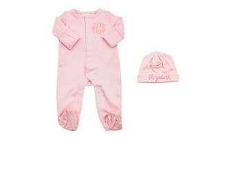Monogrammed/Personalized Baby Boy and Girl Picot Trim Footies with Hat